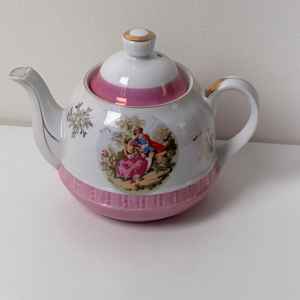 Vintage Norleans Porcelain Teapot With Romantic Scene & Pink Accents